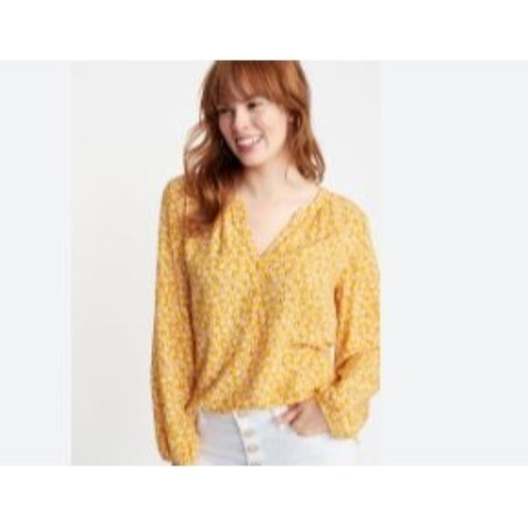 Old Navy Womens Yellow Floral Long Sleeve Blouse M 100% Rayon Made In Cambodia - Picture 1 of 9